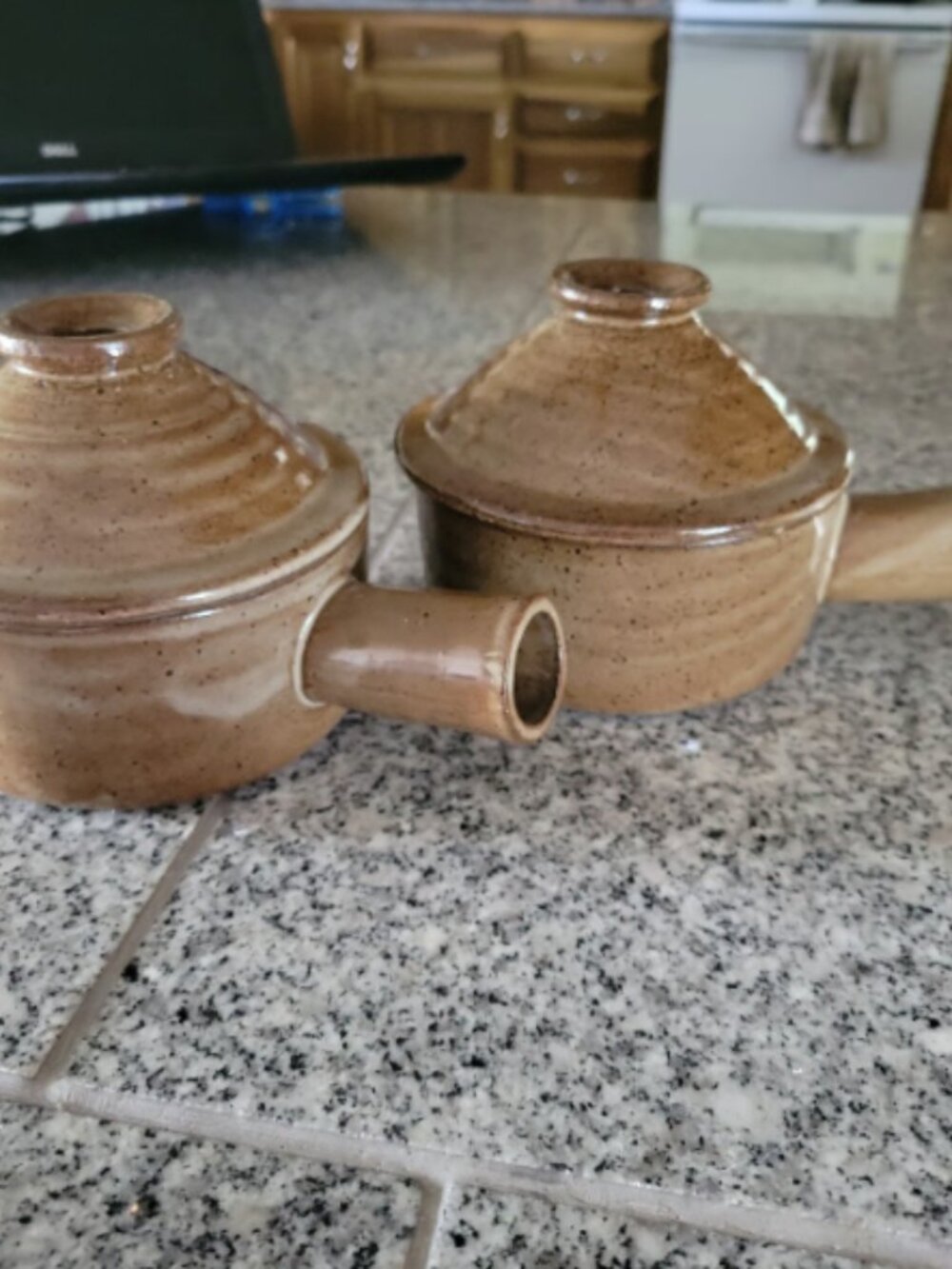 2 Vintage Brown Pottery Crock with Handle and Vented Lid French Onion Soup Bowls